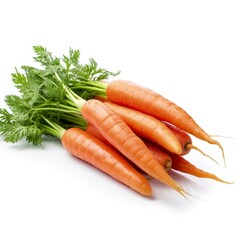Carrot with fresh green leaves, vibrant orange color, and a smooth texture, isolated on a white...