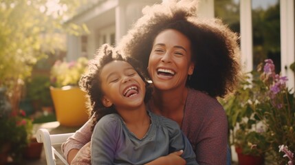 Young African American daughter with disabled mature Caucasian mother on sunny day outdoors on porch, Mixed race female family relaxing