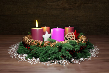 Advent wreath with one burning candle. First Sunday concept, Christmas decoration. 3D render illustration.