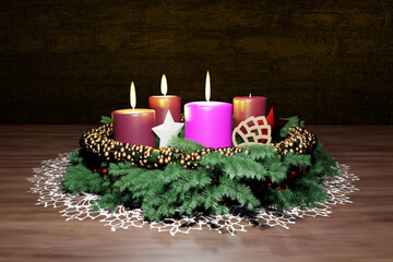 Advent wreath with three burning candles. Third Sunday concept, Christmas decoration. 3D render illustration.