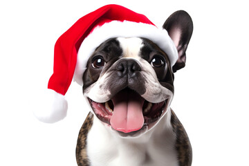 french bulldog with santa hat excited for christmas isolated on transparent background