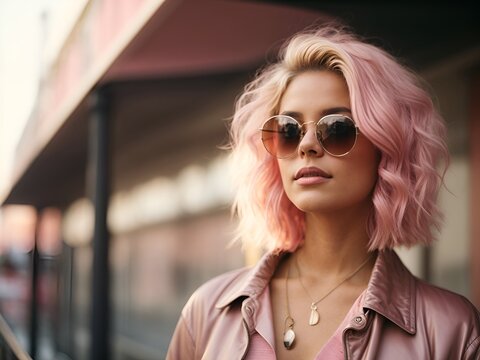 Portrait of a woman wearing sun glasses with blond bleached and pink colored hair.