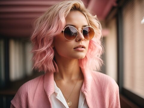 Portrait of a woman wearing sun glasses with blond bleached and pink colored hair.