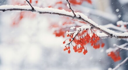 Stunning Winter Beauty: Vibrant Red Leaves Against Frosted Branches Generative AI