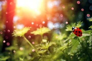 Nature's Ballet: A Young Ladybug Taking Flight Among Vibrant Blossoms Generative AI