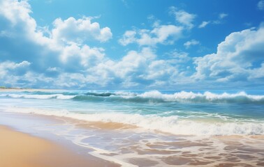 Obraz premium Mesmerizing Coastal Vistas: A Paradise Underneath a Cloud-Adorned Blue Sky Generative AI