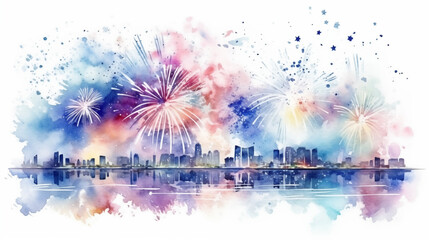 fireworks in the city in watercolor style