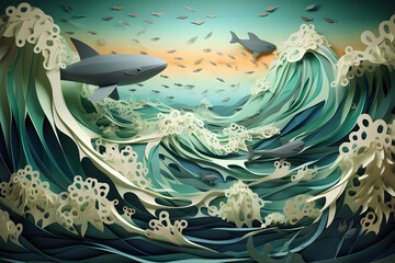A stunning papercraft ocean scene, with meticulously crafted waves and sea creatures that bring the artwork to life. Ai Generated.NO.01 - obrazy, fototapety, plakaty