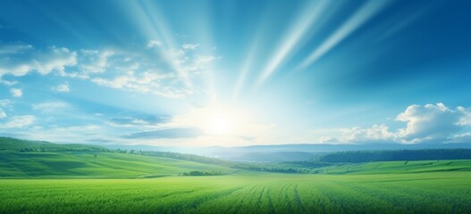 Obraz premium Emerald Meadows under Azure Sky: Nature's Unrivaled Splendor Unveiled Generative AI