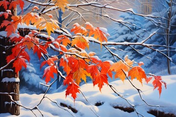 Unveiling Winter's Touch: The Captivating Dance of Snow and Maple Leaves Generative AI
