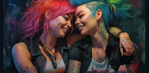 Портрет двух молодых женщин азиатской внешности с яркими волосами и татуировками на темном фоне