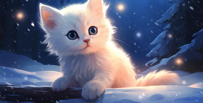 Enchanting Winter Wonderland: Discover the Hidden Charms of a Pure White Kitten Generative AI