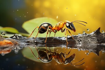 Unveiling Nature's Wonders: Incredible Close-Up of an Ant Amidst Water Droplets Generative AI