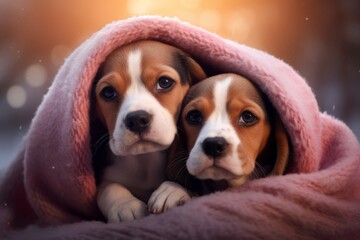 Adorable Beagle Puppies Nestled Under a Cozy Winter Blanket - Irresistible Cuteness! Generative AI
