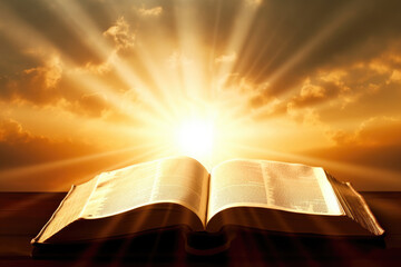 Bright sun light and bible book silhouette guiding the bright pat - obrazy, fototapety, plakaty