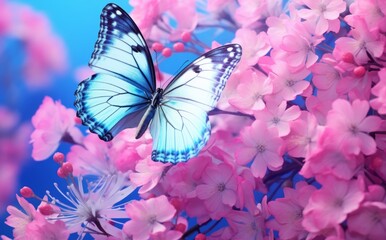 Mesmerizing Beauty: Azure Butterfly Blossoming on Vibrant Floral Backdrop Generative AI