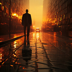 Solitary Figure Walking in a Rainy Sunset Cityscape