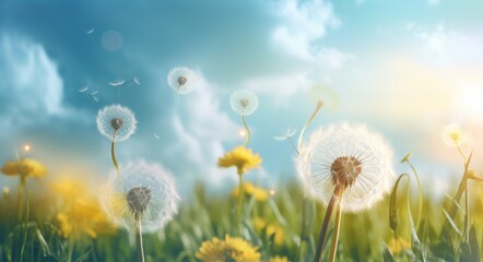 Golden Sunrise Over a Field of Vibrant Dandelions: A Captivating Display of Nature Generative AI