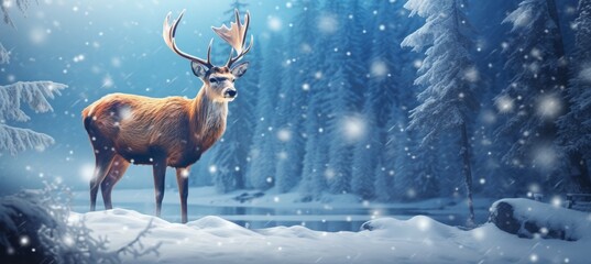 Magical Winter Wonderland: Encounter Majestic Deer Amidst a Snowy Forest Blanket Generative AI
