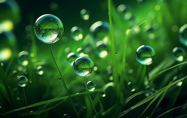 Captivating Eco-Friendly Dew Drops in Grass: A Surreal Landscape Generative AI