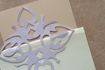 decorative paper design mimicking the delicate pattern of snowflakes on various paper with torn...