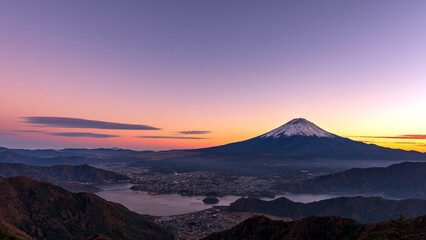 Panoramic view of Mt. Fuji and Lake Kawaguchiko at magic hour.