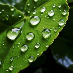 Exquisite Dew Drops on Lush Green Leaf: A Spectacular Display of Nature's Art Generative AI