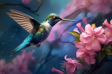 Unveiling Nature's Vibrancy: A Captivating Shot of a Hummingbird Adorned with Pink Blossoms Generative AI
