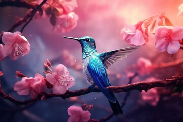 Delicate Dance: Captivating Snapshot of a Hummingbird Adorned in Lush Pink Blooms Generative AI