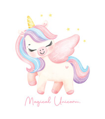 Cute unicorn with wing migical pony watercolor dreamy nursery Art illustration. Magical Unicorn.