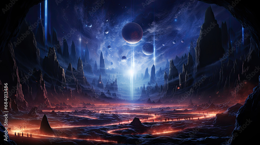 Poster an alien planet with a lava flow