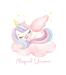 Cute unicorn sleeping on cloud watercolor dreamy nursery Art illustration. Magical Unicorn.