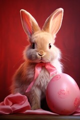 Obraz premium Vibrant Easter Celebration: Enchanting Portrait of the Easter Bunny with a Stunning Red Egg Generative AI