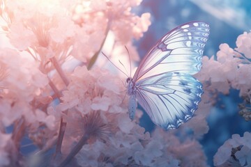 Stunning Close-Up: A Delicate Butterfly Amidst Azure Blossoms Generative AI