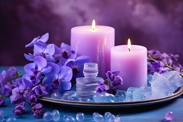 Obraz na płótnie Canvas Exquisite Collection of Purple Candles and Flowers: Add a Touch of Elegance to Your Space Generative AI