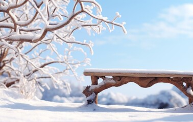 Winter Wonderland: Enchanting Snowy Landscape with Rustic Wooden Bench Generative AI