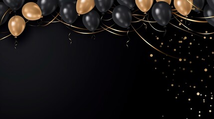 gold Balloon decoration in black background. Concept of birthday celebration, party, new year, christmas with sparkling shards. Used for template or background, banner.