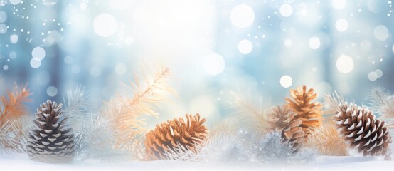 Fototapeta na wymiar Magical Winter Wonderland: Close-Up View of Delicate Snowflakes & Pine Cones! Generative AI