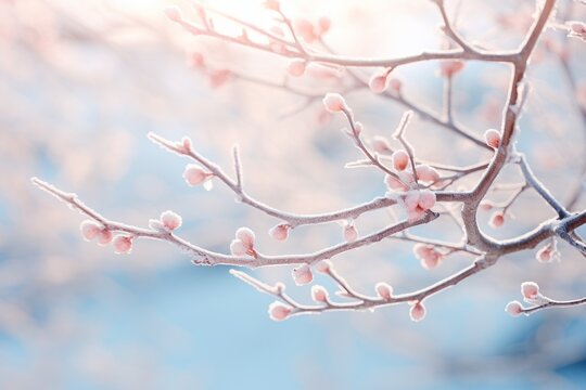 Sun-kissed Winter: Exquisite Capture of Snow-Covered Branch in Bright Sunshine Generative AI