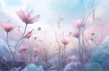 Dreamy Elegance: Mesmerizing Fusion of Soft Blue and Pink Blooms Generative AI