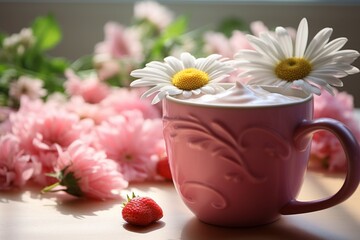 Summertime Delights: Vibrant Strawberry Yogurt and Daisies Still-life Style Generative AI