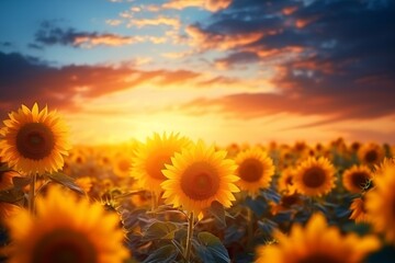 Experience the Radiant Glory: Sun-Kissed Sunflowers Field at Dusk Generative AI