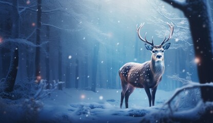 Majestic Deer Encountered Amidst a Snow-Blanketed Forest - An Enchanting Winter Moment Generative AI