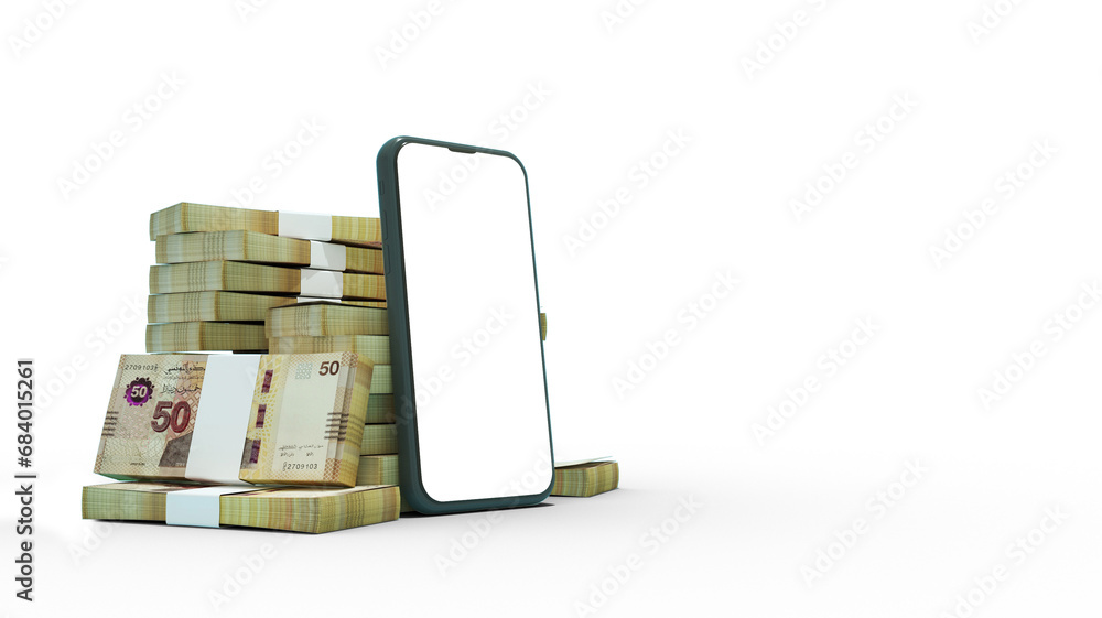 Aufkleber 3d rendering of a mobile phone with blank screen in front of stacks of tunisian dinar notes isolated
