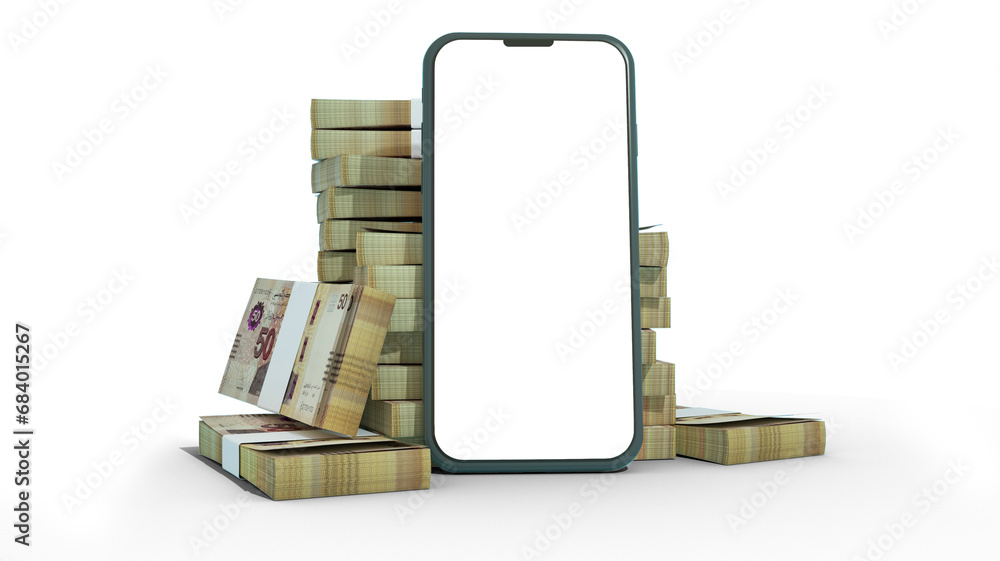 Poster 3d rendering of a mobile phone with blank screen in front of stacks of tunisian dinar notes isolated