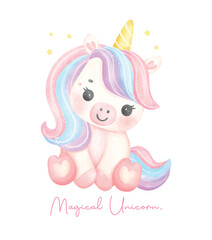 Cute unicorn sitting watercolor dreamy nursery Art illustration. Magical Unicorn.