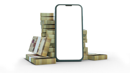 3D rendering of a mobile phone with  blank screen in front of stacks of Tunisian dinar notes isolated on transparent background. - obrazy, fototapety, plakaty