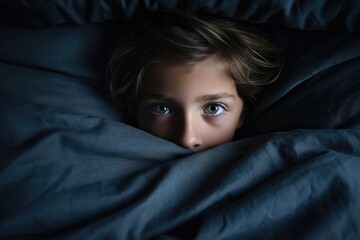Portrait of a 10 years old kid lying down on the bed, face scared, dark mood, looking at camera from directly above.