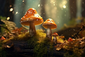 Fototapeta premium Enchanting Artistry: An Unusual Duo of Mushrooms Nestled in a Mystical Forest Generative AI