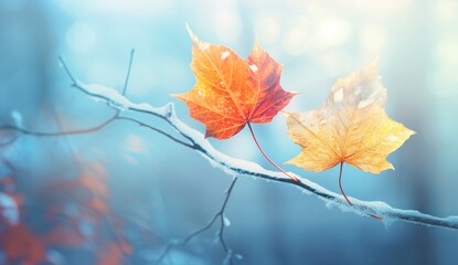 Stunning Capture of Two Leaves Transitioning from Summer to Autumn Generative AI